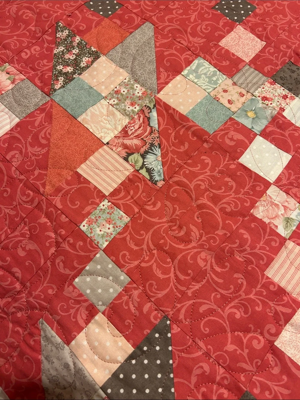 ONE OF A KIND - HANDCRAFTED  Coral and Gray Quilt - Floral